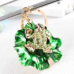 Kikker op groen lotusblad - kristal versierde sleutelhangerSleutelhangers