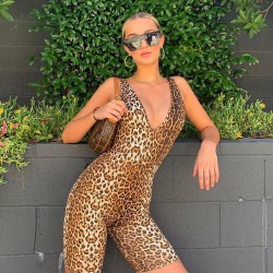 Cryptographic Sexy Deep V-Neck Sleeveless Leopard Rompers Womens Jumpsuit Short Summer Streetwear Pl