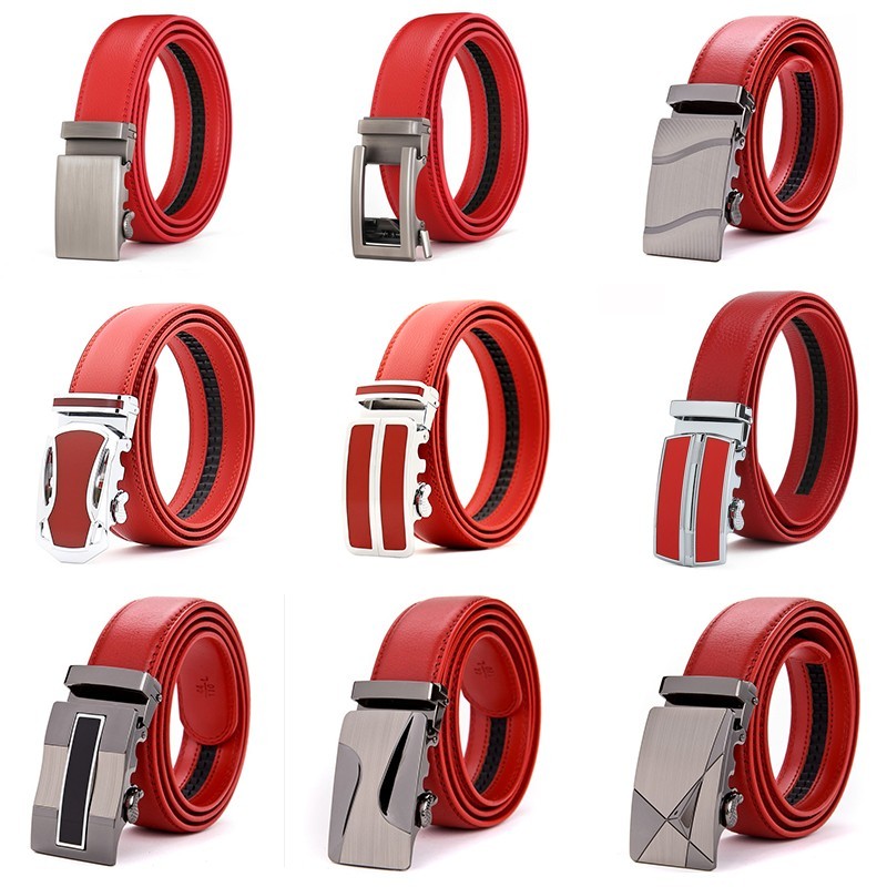 Genuine leather belt with automatic buckle - red