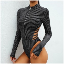 Rapwriter Sexy Backless Turtleneck Zipper Elastic Glitter Silver Striped Bodysuits Women 2018 Long S
