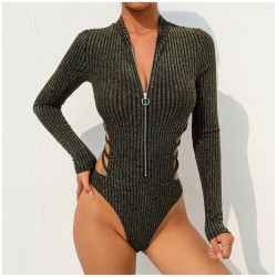 Rapwriter Sexy Backless Turtleneck Zipper Elastic Glitter Silver Striped Bodysuits Women 2018 Long S