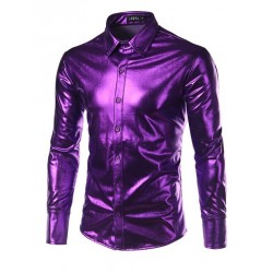 Purple Coated Metallic Night Club Wear Shirt Men Long Sleeve Halloween Button Down Mens Dress ShirtT-Shirts