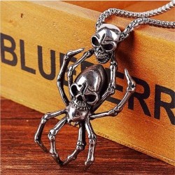 Vintage silver spider & skull pendant - stainless steel necklace