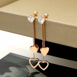 Crystal & hearts - double tassels - rose pink gold long earrings