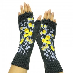 Handgemaakte gebreide handschoenen - lang - halve vinger - geborduurde bloemenHandschoenen