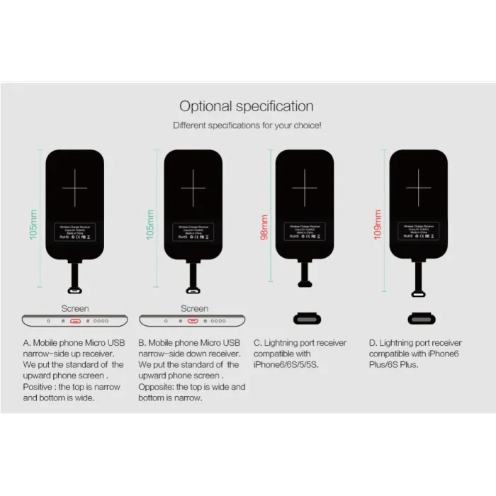 Wireless Charging Receiver - Micro USB / Type C Adapter - iPhone 5S/SE/6/6SElectronics & Tools