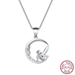 Fairy sitting on moon pendant - necklace - 925 sterling silver