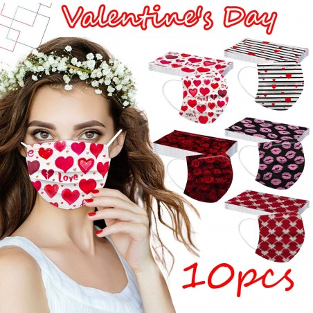 Gezichts- / mondbeschermingsmaskers - 3 lagen - unisex - Valentijnsdag / harten - 10 stuks