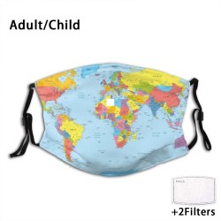 Face / mouth protective mask with 2 PM2.5 filters - for adults / children - world map