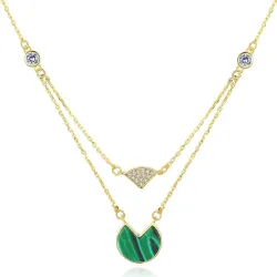 Gouden ketting met malachiet & zirkonen - dubbele ketting - 925 sterling zilverHalskettingen