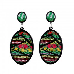 Oval drop earrings - geometric green fabric - Bohemian style
