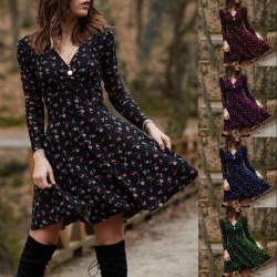 Losvallende mini-jurk - lange mouw - v-hals - vintage bloemenprintJurken