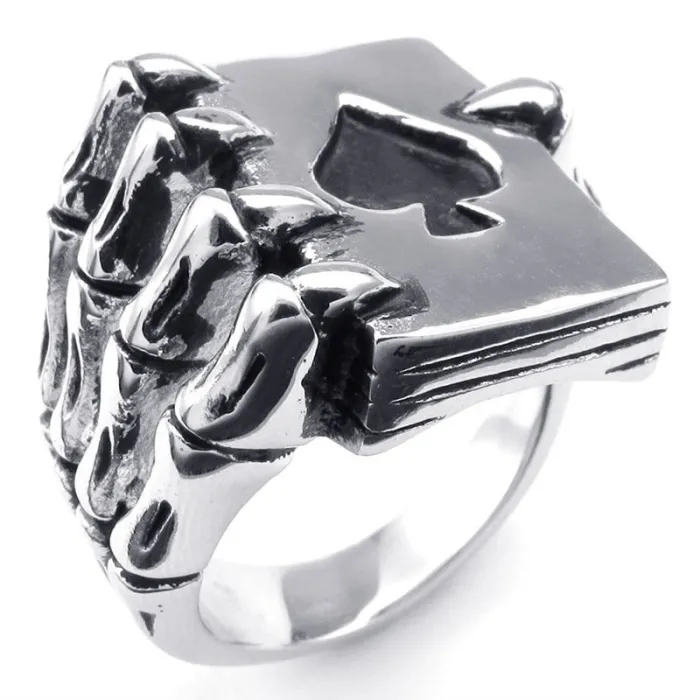 Vintage ring - roestvrij staal - schedel klauw met kaartspelRingen