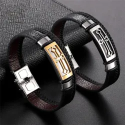Vintage kruis armband - roestvrij staal / leer - met metalen sluitingArmbanden
