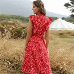 Summer dotted dress - with ruffles sleeves - midi - chiffonDresses