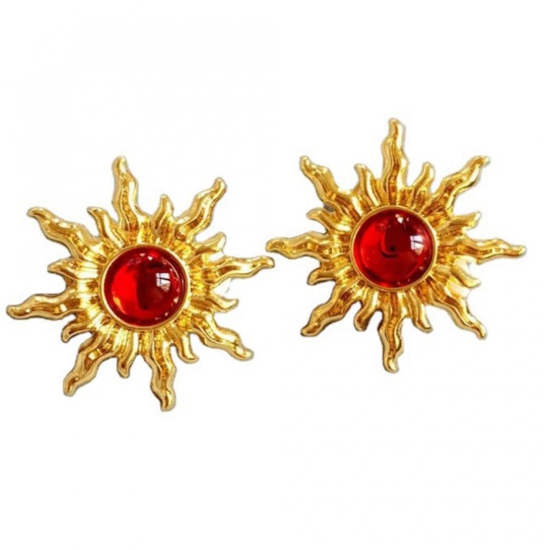 Vintage sun / sunflower shaped earrings - with red pearl