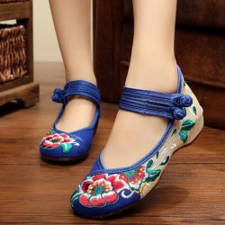 Sandalen im chinesischen Stil - Segeltuchschuhe mit Schnalle - bestickte Hibiskusblüten