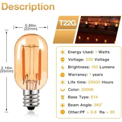 Vintage LED lamp - Edison buis - T22 - 2200K - E12 / E14 - 1W - dimbaar - amber glas - 5 stuksE14
