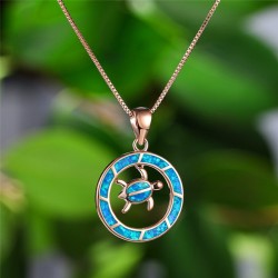 Round opal pendant with turtle - elegant necklace