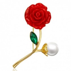 Rote Rose mit Perle / Kristallblatt - Brosche