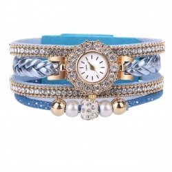 Mehrschichtiges Armband mit runder Uhr - Kristalle / Perlen