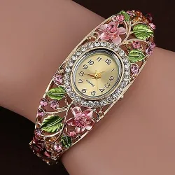 Elegante kristallen armband - met horloge - kleurrijke bloemen - uitgehold ontwerpArmbanden