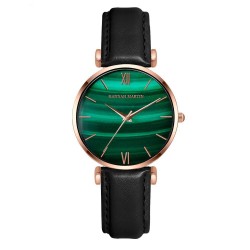 Luxuriöse Uhr mit grünem Stein - Edelstahl / Leder