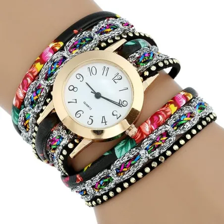 Meerlaagse bloemenarmband - met een rond quartz horlogeArmbanden