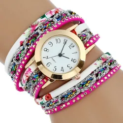 Meerlaagse bloemenarmband - met een rond quartz horlogeArmbanden