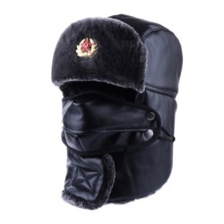 Warme leren wintermuts - met nek / gezichtsbedekking / oorkleppen - Russisch / Sovjet-badgeHoeden & Petten