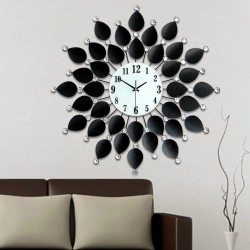Europäischer Stil - Quarz-Wanduhr - schwarze Blütenblätter mit Kristallen - 36cm