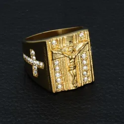 Luxe gouden ring - met Jezus / kruis / witte zirconia - unisexRingen