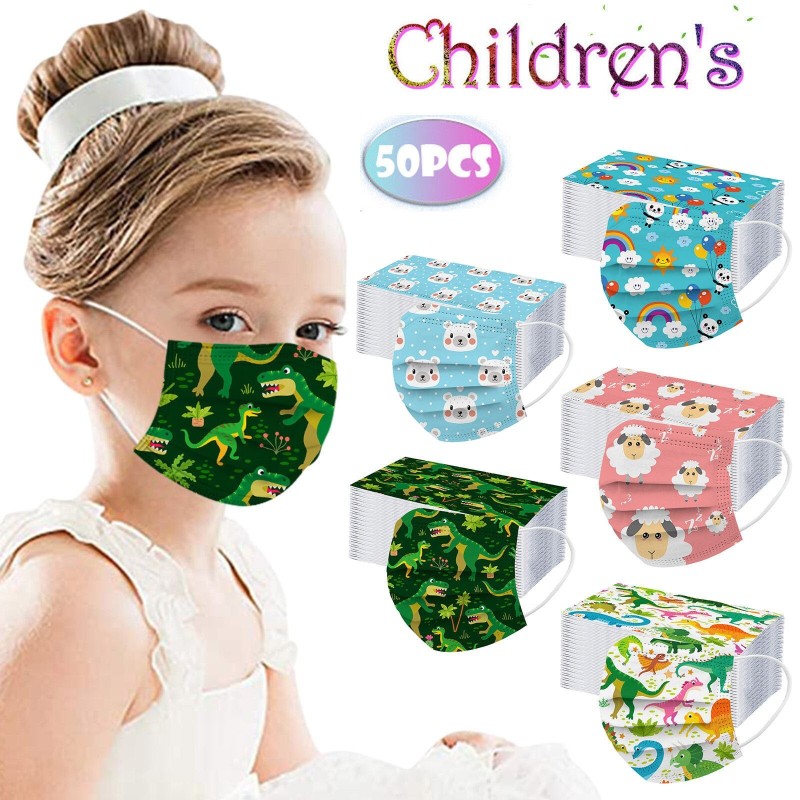 Beschermende gezichts-/mondmaskers - wegwerp - 3-laags - voor kinderen - dinosaurus/regenboogprint - 50 stuksMondmaskers