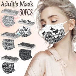 Protective face / mouth masks - disposable - 3-ply - for adults - black butterflies print - 50 piecesMouth masks