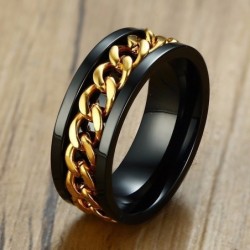 Zwarte ring - met draaibare gouden ketting - unisex - roestvrij staal