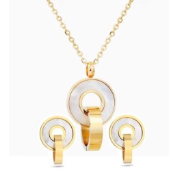 Modieuze gouden sieradenset - dubbele cirkels schelp hanger - ketting / oorbellenSieradensets