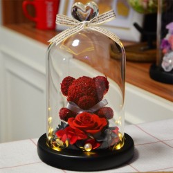 Ewig konservierte Rose / Teddybär - in Herzglaskuppel - mit LED - Valentinstag / Geburtstage / Hochzeiten