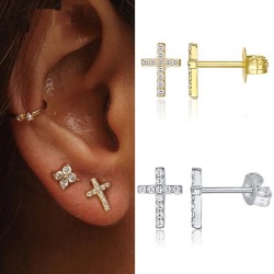 Small stud earrings - with zircon - geometric / cross / star - 925 sterling silver