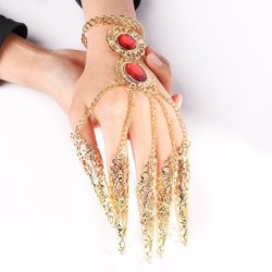 Fünf-Finger-Ring - mit Ketten - goldenes Armband - ausgehöhlte Blumen / rote Kristalle
