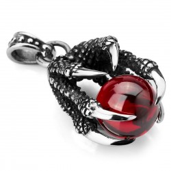 Punk-Stil - Drachenklauen mit roter Perle - Halskette aus Edelstahl