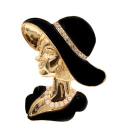 Modieuze gouden broche - vrouw met zwarte hoed met parels / kristallenBroches