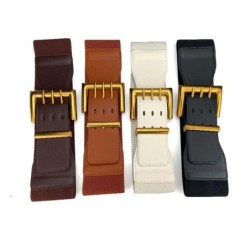 Retro elastic wide belt - leather - gold buckle