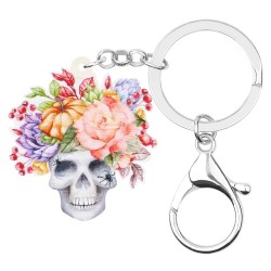 Acrylic Halloween skull with flowers - keychain