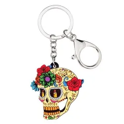 Acryl schedel met bloemen - sleutelhangerSleutelhangers