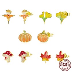 Trendy small stud earrings - 925 sterling silver - autumn edition - scarecrow - leaf - pumpkin