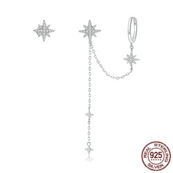 Elegant drop earrings with stars - asymmetric - with chain / crystals - 925 sterling silver