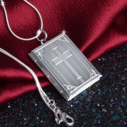 Quadratisches Medaillon – Fotohalter – geschnitztes Kreuz – Halskette – 925er Sterlingsilber