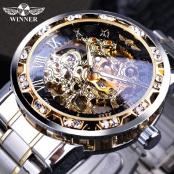 WINNER - luxuriöse Uhr - mechanisch - leuchtend - mit Diamanten - transparentes Skelettdesign - mit Schatulle