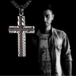 Damascus steel cross pendant - ebony wood - stainless steel necklace