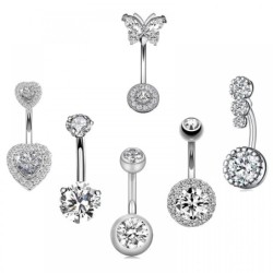 Belly button ring - piercing - crystal butterfly / heart - surgical steel - 6 pieces